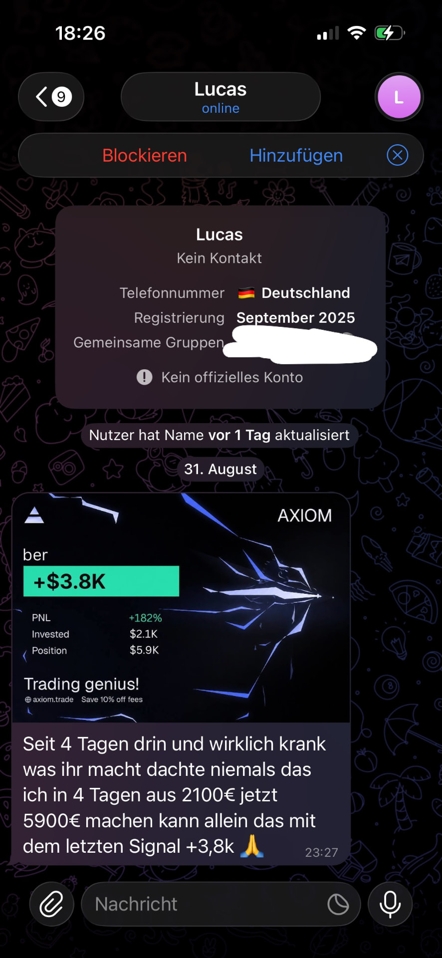 Telegram-Screenshot mit einem Axiom-Trade +3,8K und dem Ergebnis aus 2.100 € in 4 Tagen